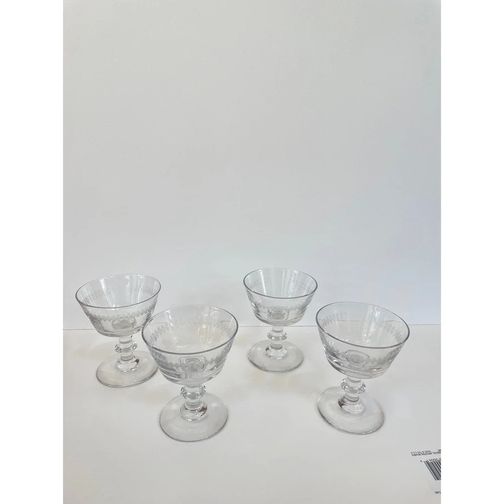 Vintage Etched Glass Coupe Champagne Glasses Set of 4 Clear Pedestal Stem